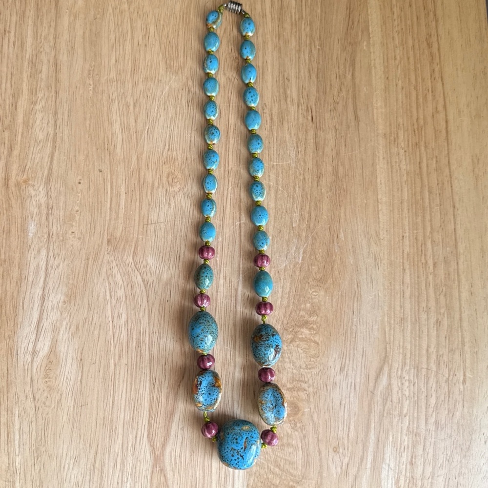 Vintage Artisan Ceramic Bead Statement Necklace Turquoise Speckled 26” Inch - Picture 10 of 15